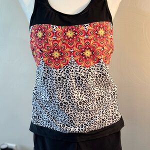 Black Tankini Top with Colorful Mandala and Leopard Print size large